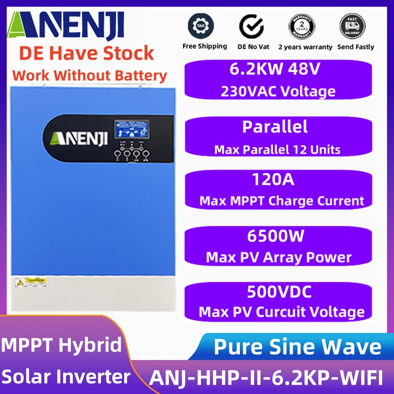 Hybrid Solar Inverter 6.2KW Parallel MPPT 48V 220V Pure Sine Wave Off Grid Inverter 120A Solar Charger Controller 50Hz/60Hz Auto