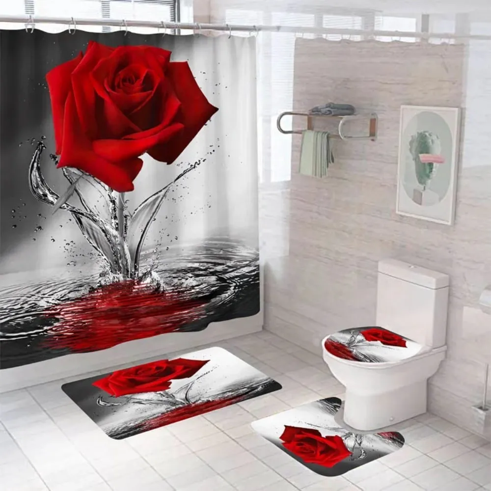 3D Rose Flower Shower Curtain Set Non-Slip Rugs Bath Mat Toilet Lid Cover and 12 Hooks Waterproof Polyester Bathroom Decor