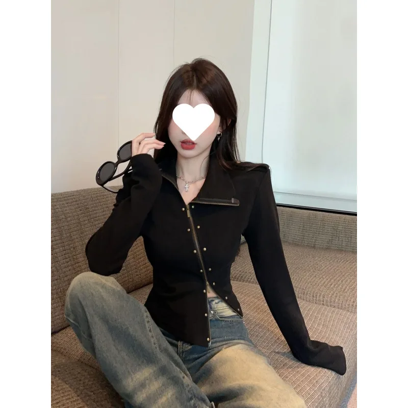 

Biker Jackets Womens Jacket Brown Leather Panelled Full-Zip Ribbed Sleeved Street Style Minimalism Youthful Moisture-Wicking Fit