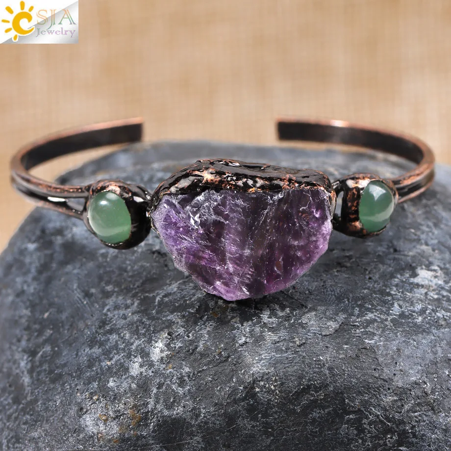 CSJA Reiki Irregular Natural Stone Bracelet Open Bangles for Women Girl Healing Amethyst Rose Quartz Antique Copper Jewelry H714
