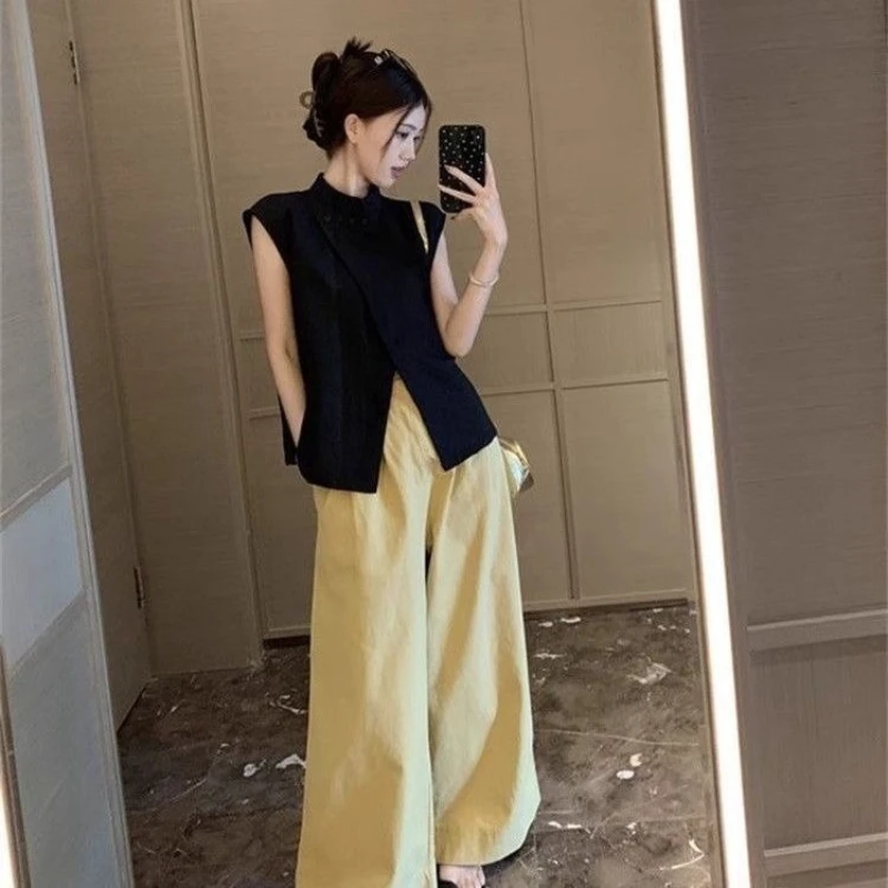 Summer Women Fashion Set Black Semi High Collar Loose Sleeveless Shirt Casual Pants Solid Color Versatile Slimming New Arrival