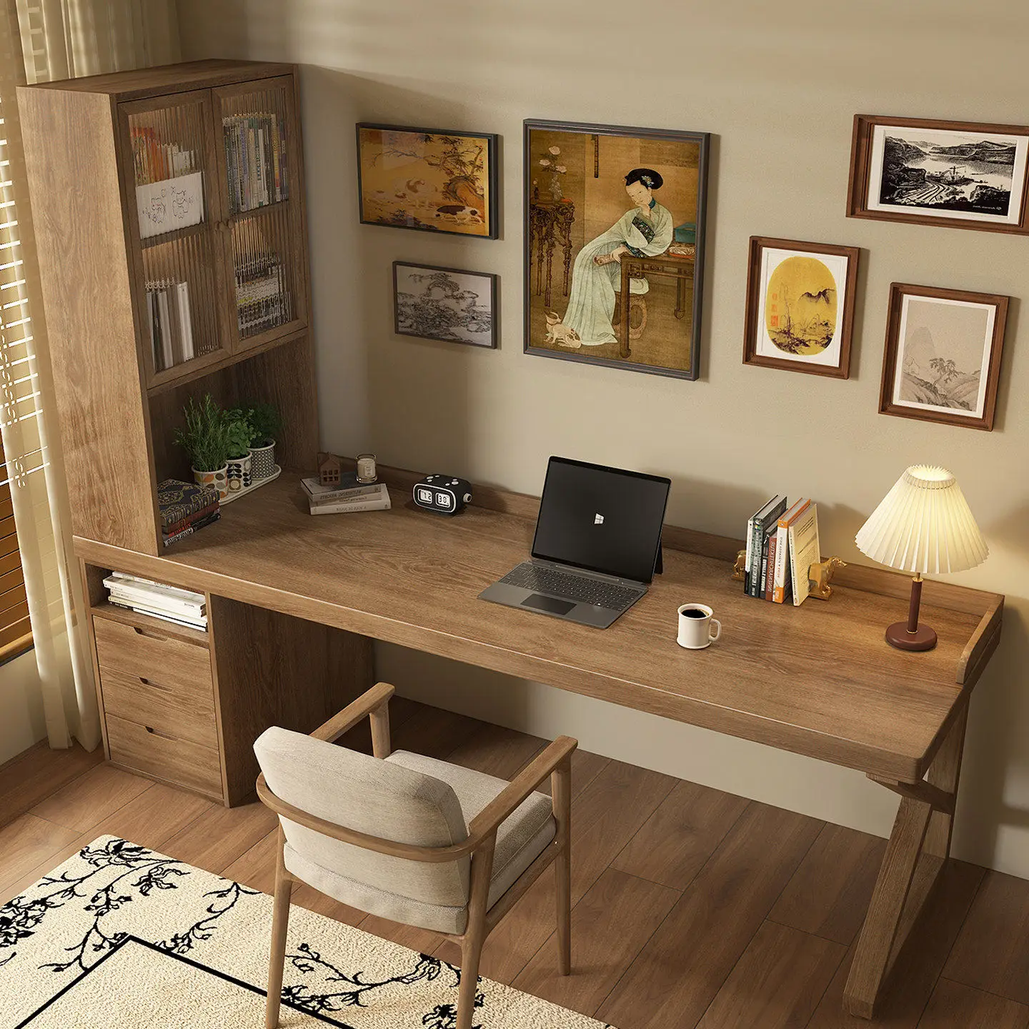 Medieval all-solid wood glass door double desk bookcase integrated household computer desk bedroom office study workbench