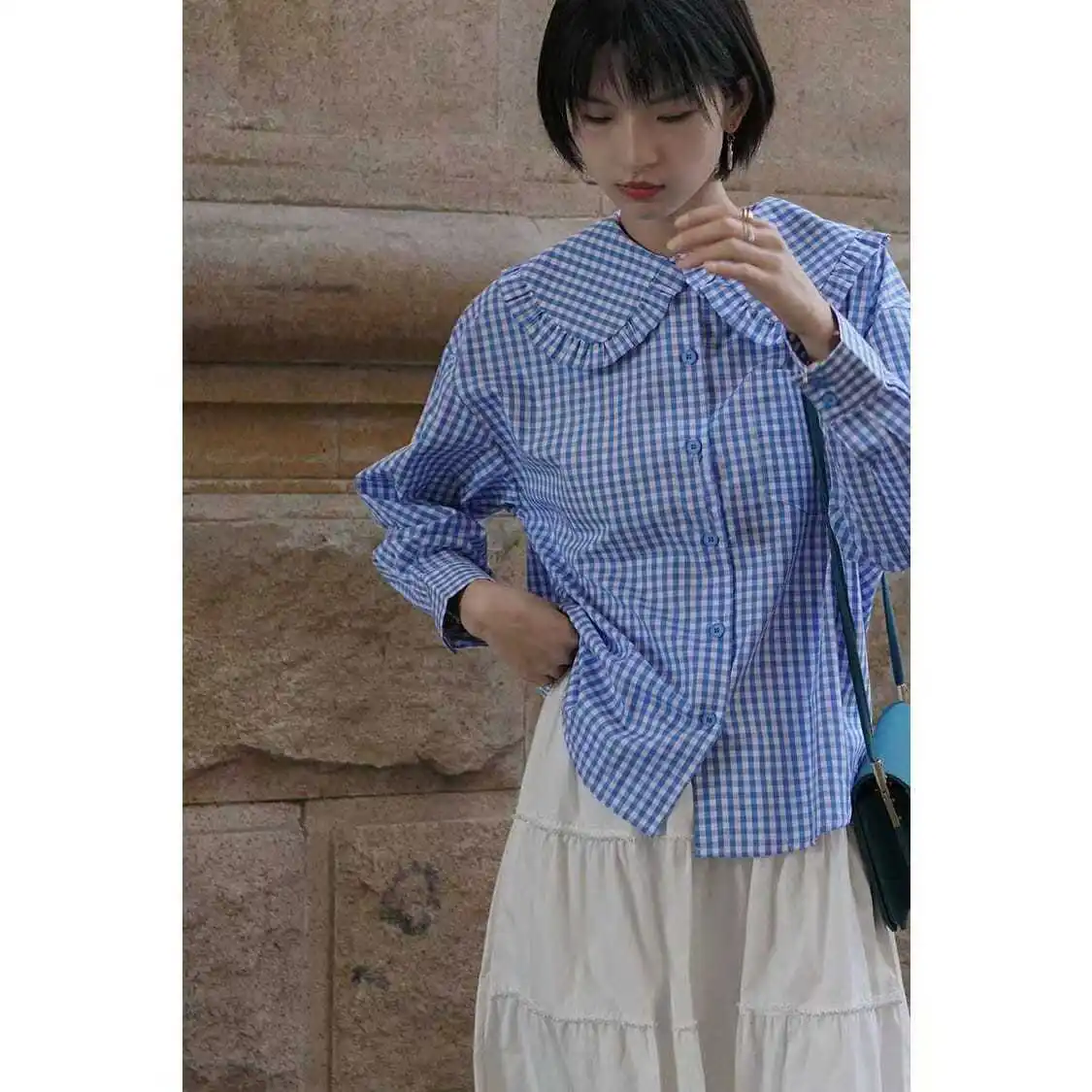 2025 new spring casual Korean style peter pan collar striped blouse women\'s single breasted loose fit chic long sleeve shirts
