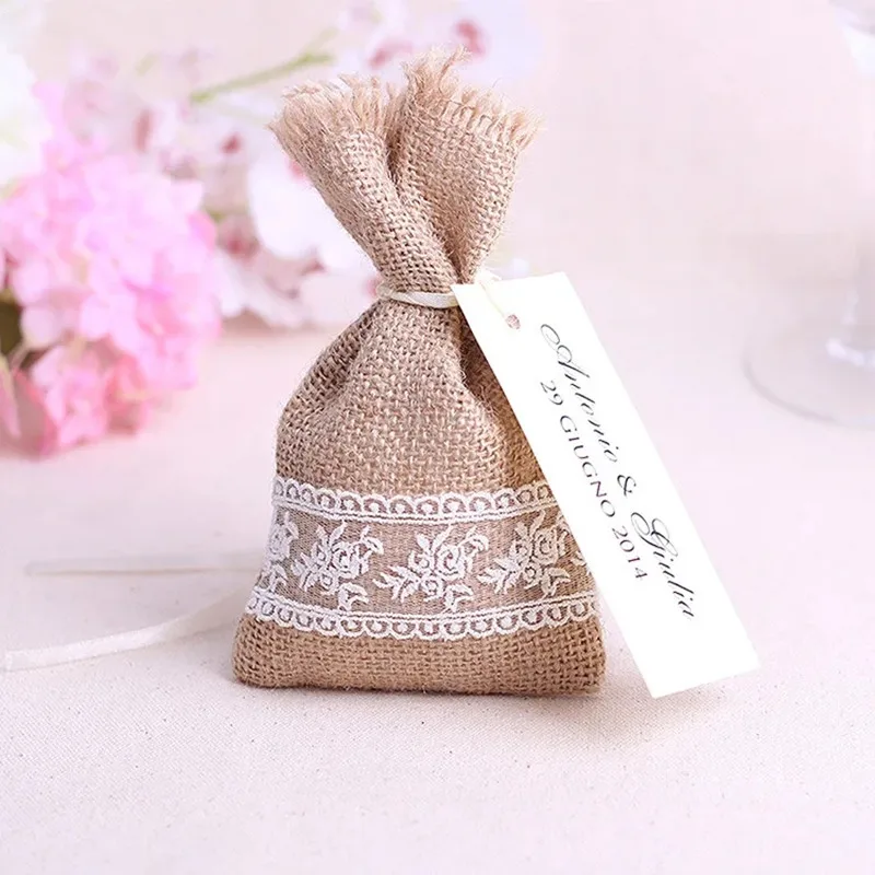 

50pcs Sacs Wedding Party Favor cadeau rustique vintage toile de jute Dentelle wedding gifts bag burlap bag lace