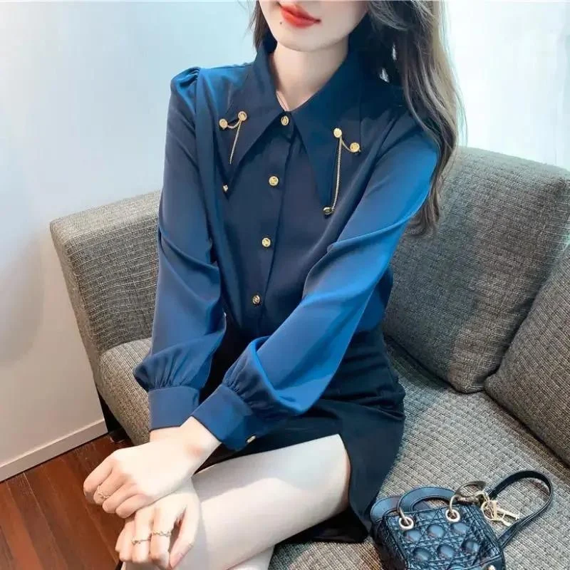 

Ele Pointed Collar Women's irt Spring Faion Chiffon Blouse Chain Splicing Top Zipper Loose Fit Long Sve Pure Color