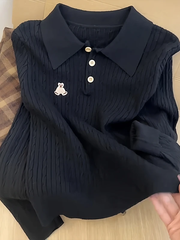 

Sli Bear Embroidery Ne Long Sve Knitted Sweater Women's Slim Fit Autumn Winter New Sle Bla Knitwear Top