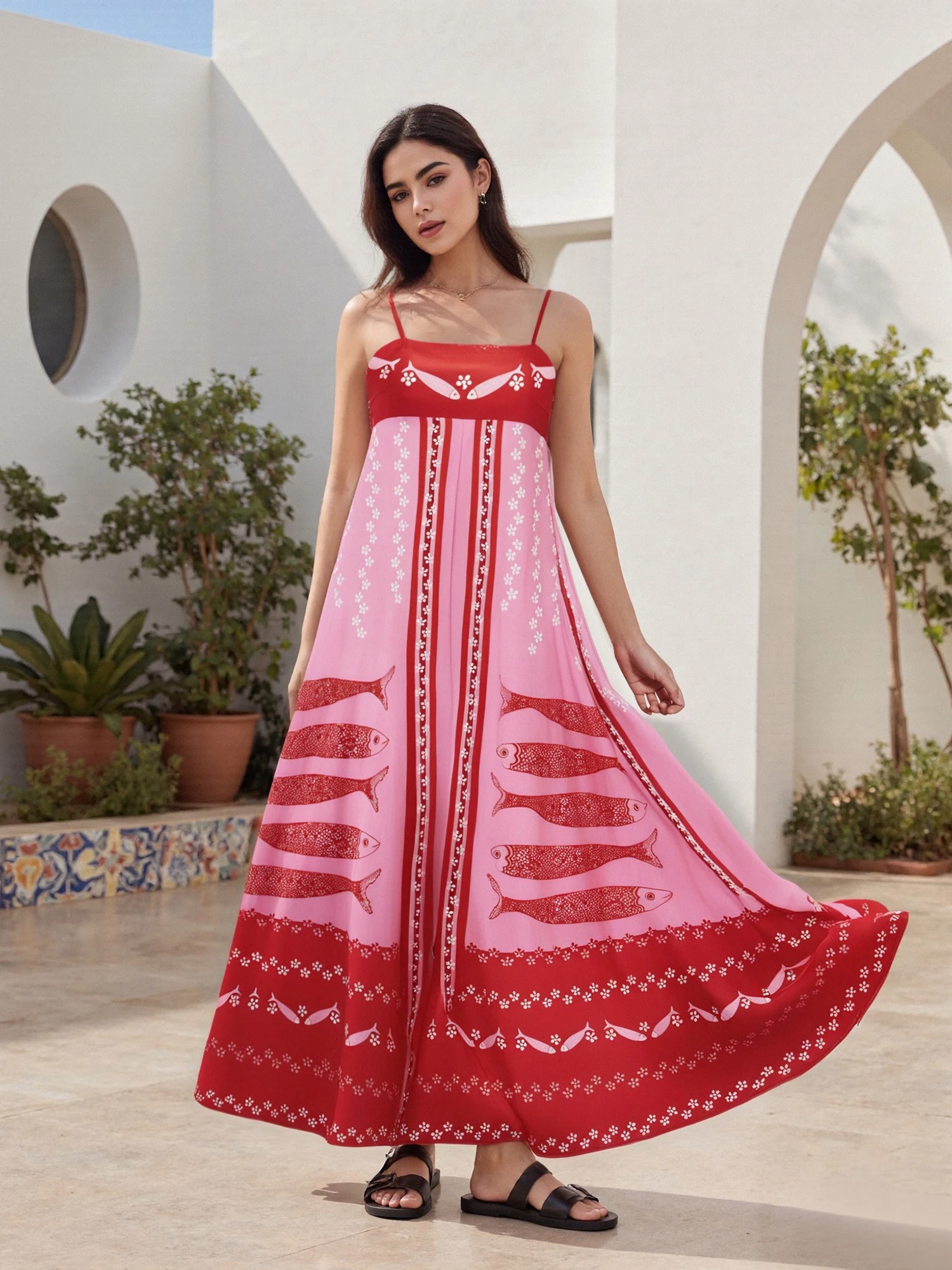 فستان نسائي طويل بدون أكمام مع طباعة سمكة استوائية وحزام سباغيتي فستان كامي لأزياء الصيف والملابس غير الرسمية