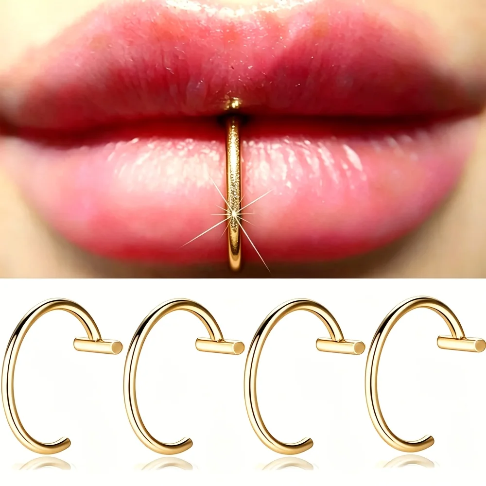 4pcs Punk Gothic T-Bar Clip-On Non-Piercing Lip Rings Stainless Steel Fake Piercing Nose Rings Cartilage Septum Rings Jewelry