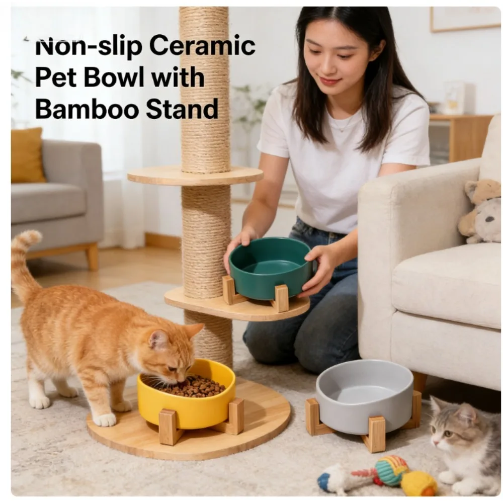 

Cat Bowl Dual Pet Dish with Wooden Stand Elevated Design for Neck Support Water Food Feeder Simple Style