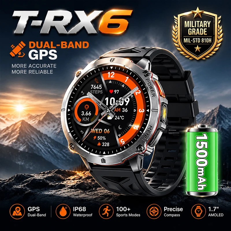T-RX6 Built-in GPS Smart Watch IP68 Swim 1500mAh Battery Compass 1.7-inch Large Screen Call Sports Smartwatch Men Women 2026 New