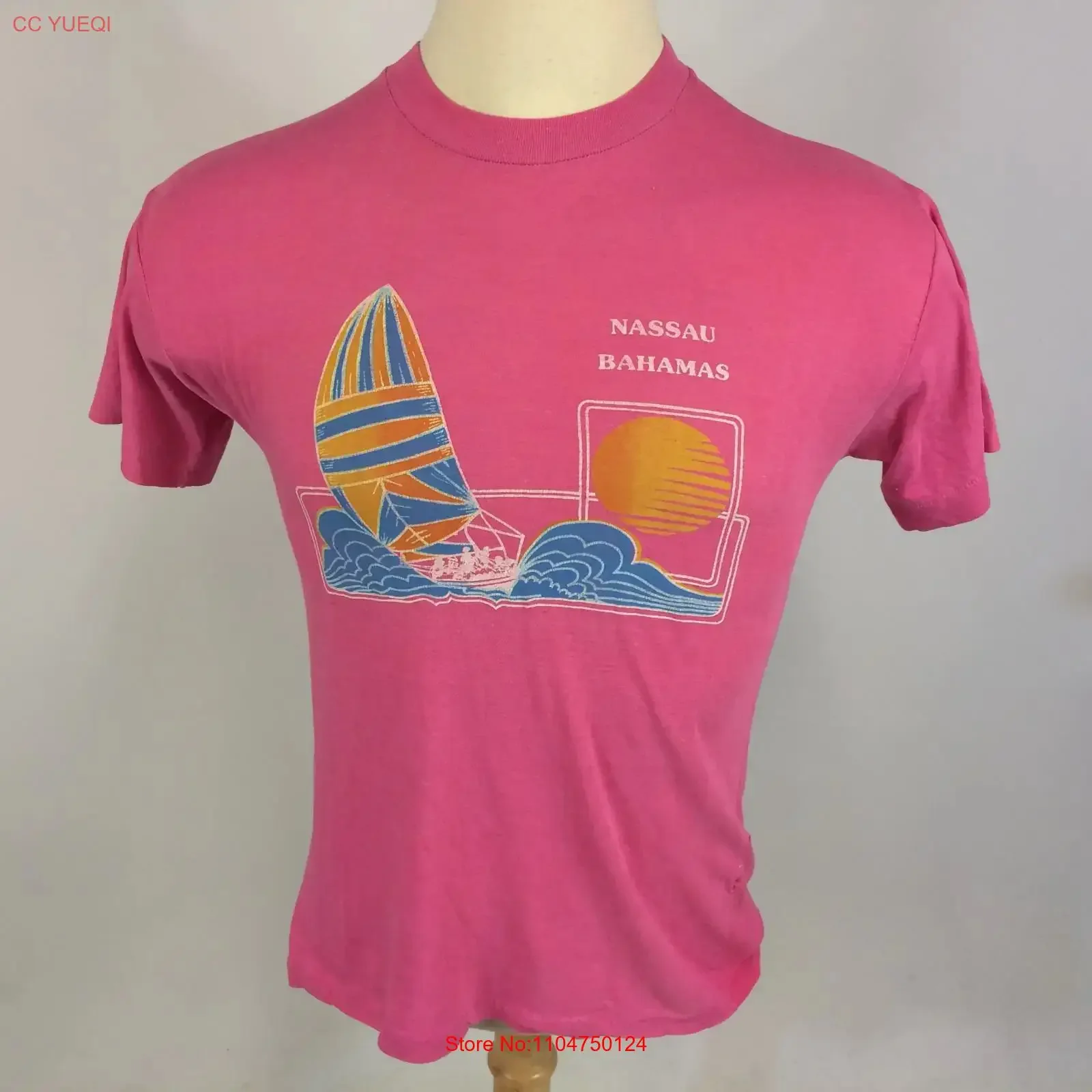 Vtg 80s Paper Thin Distressed Pink Surf Wind Sailing Beach Nassau Bahamas T Shirt S vintage Washed Versatile Stretched Casual