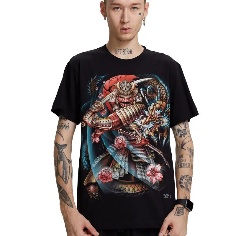 

New Trendy Japanese Samurai Ukiyo-e Tattoo Print T-shirt for Men Short-sleeved Personalized Japanese-style T-shirt for Men