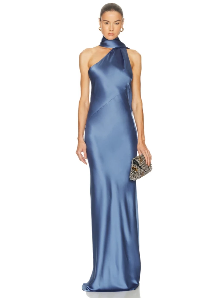 Sexy Halter Neck One Shoulder Beaded Tassel Maxi Dress Women Blue Sleeveless Backless Draped Slim Dresses Evening Party Gowns