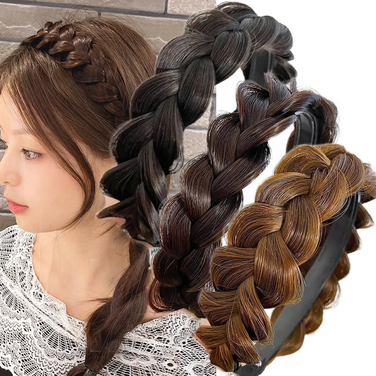 Image of Synthetisches Geflochtenes Stirnband-Set, Elastisches Haarflechtband, Rutschfestes Modisches Haaraccessoire für Frauen Tägliches Tragen
