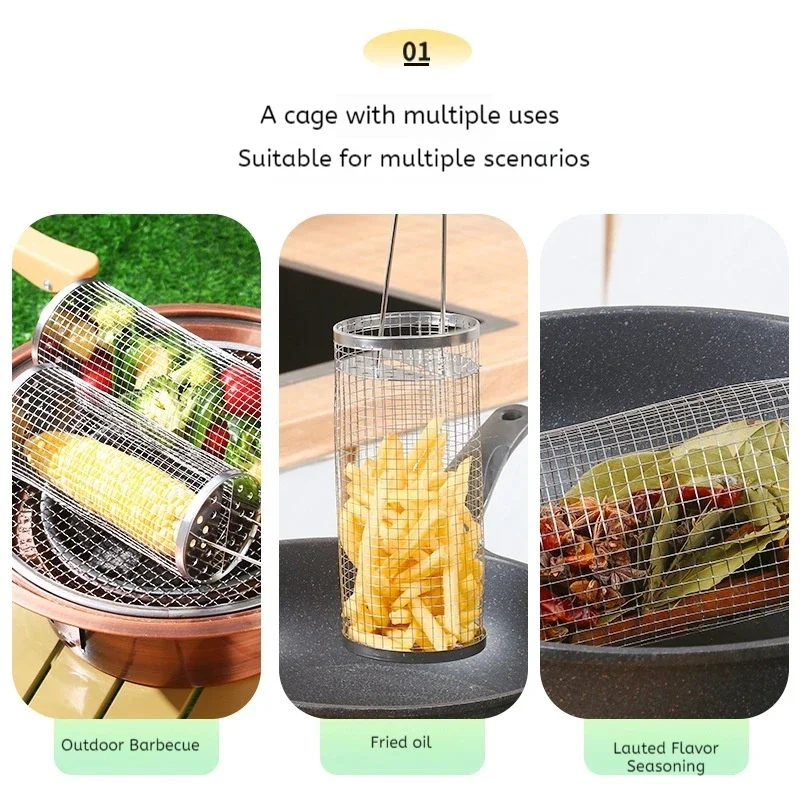 Barbekyu kandang panggangan barbekyu panggangan peralatan masak piknik berkemah luar ruangan bulat BBQ panggangan api unggun Grid Grill setelan keranjang