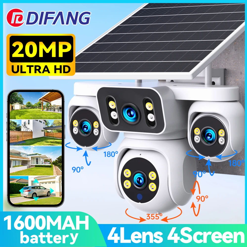 

DIFANG 20MP AOV Four Screen Solar Camera 4G Sim Card Solar CCTV 10K Security Protection 16000mAh Battery Surveillance Solar