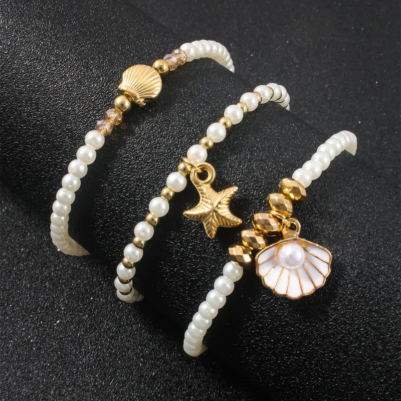 

Summer Three Piece Fashionable Shell Shaped Women's Bracelet Inlaid with Imitation Pearl Starfish Elastic Bracelet Jewelry
