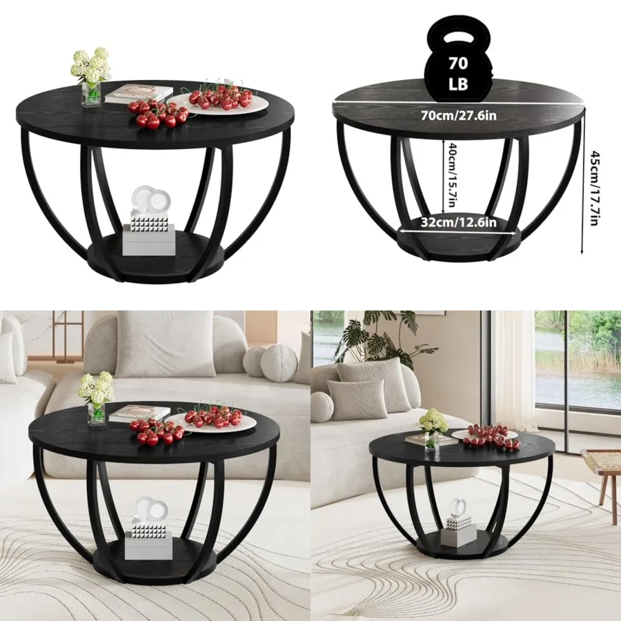 

Round Coffee Table, Wooden 2-Tier Circle Coffee Tables with Storage Shelves, Accent Center Table for Living Room, Sofa Table fo