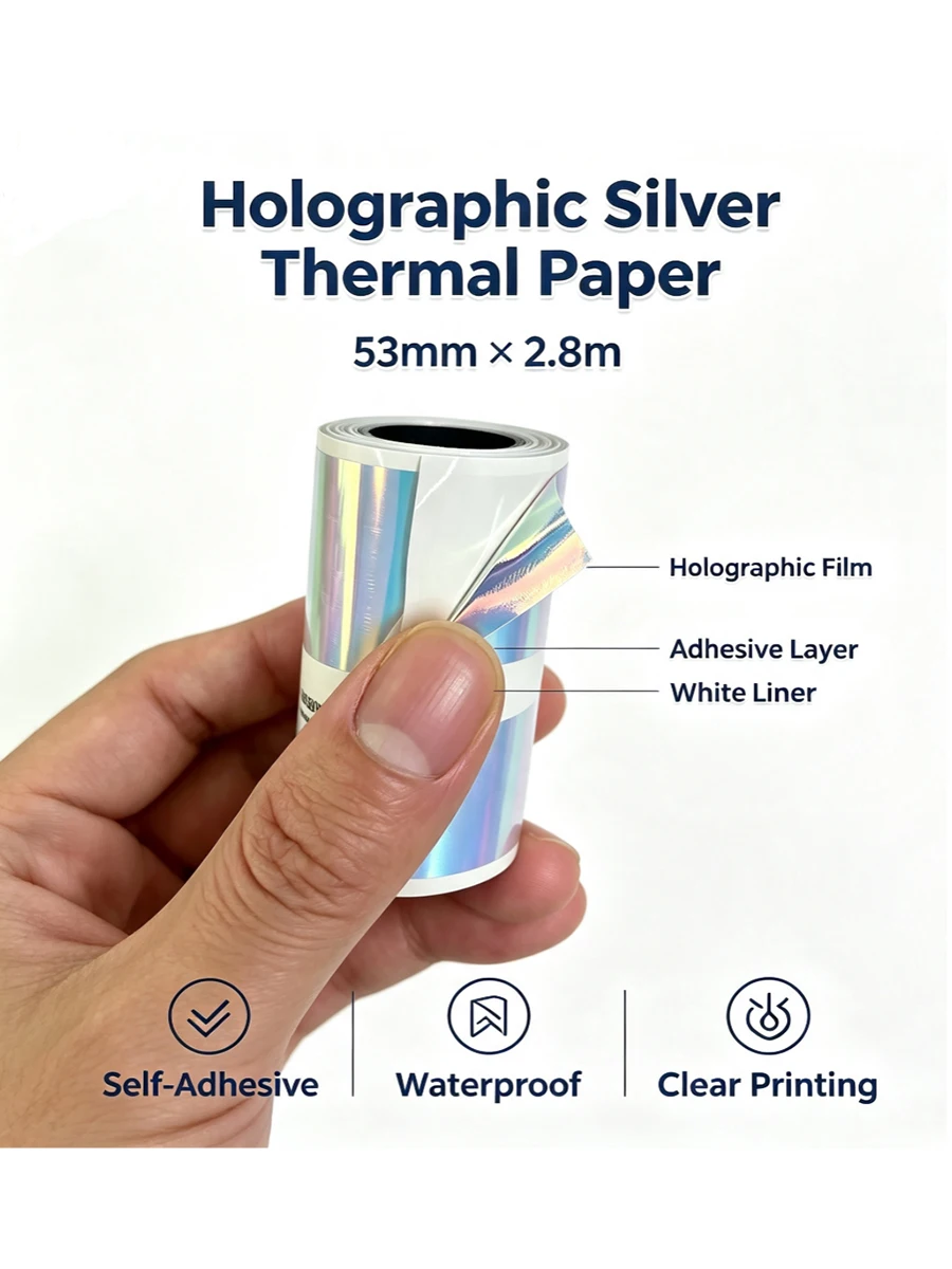 53mm*2.8m Holographic Silver Thermal Sticker Paper Self Adhesive Waterproof Rainbow Laser Thermal Label Roll for Portable Therma