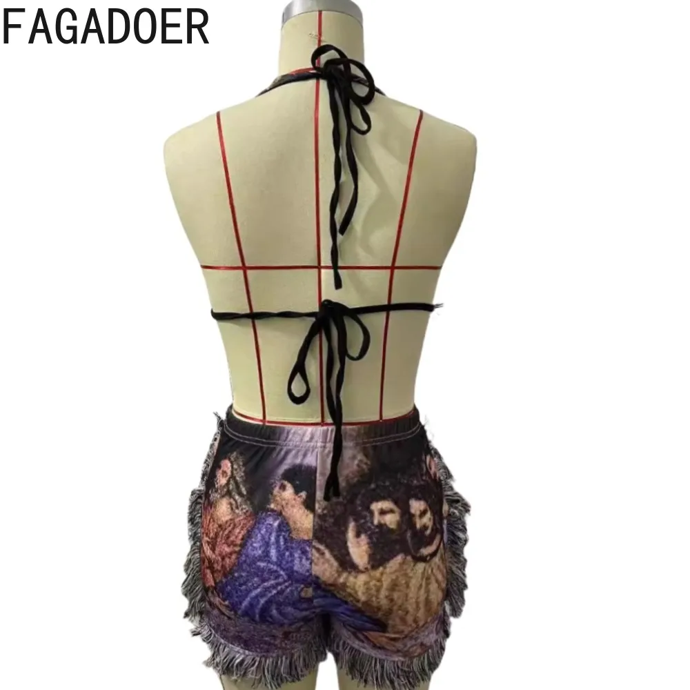 Fagadoer Ins Mode Kwastje 2 Delige Sets Outfit Vrouwen Olieverf Print Bh Top En Hoge Taille Shorts Pakken Casual Streetwear