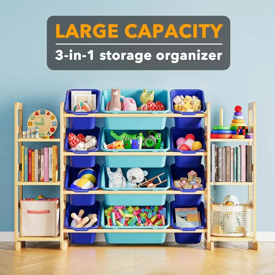 Toy Storage Organizer with 6 Shelves and 12 Bins for Bedroom and Playroom: Functional Bin Shelf with 12 Storage Bins Blue and N