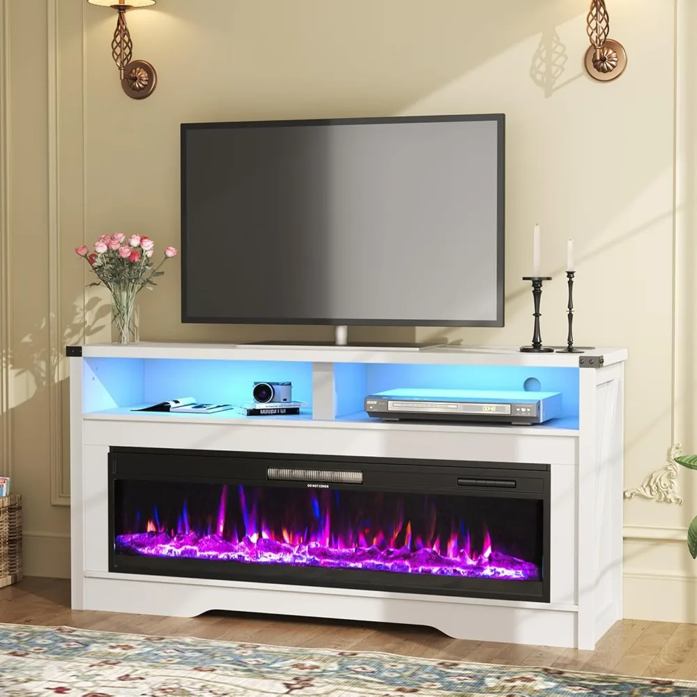 

Fireplace TV Stand, Wood Texture 50" Electric Fireplace with Highlight Storage Cabinet, LED Light Entertainment Center