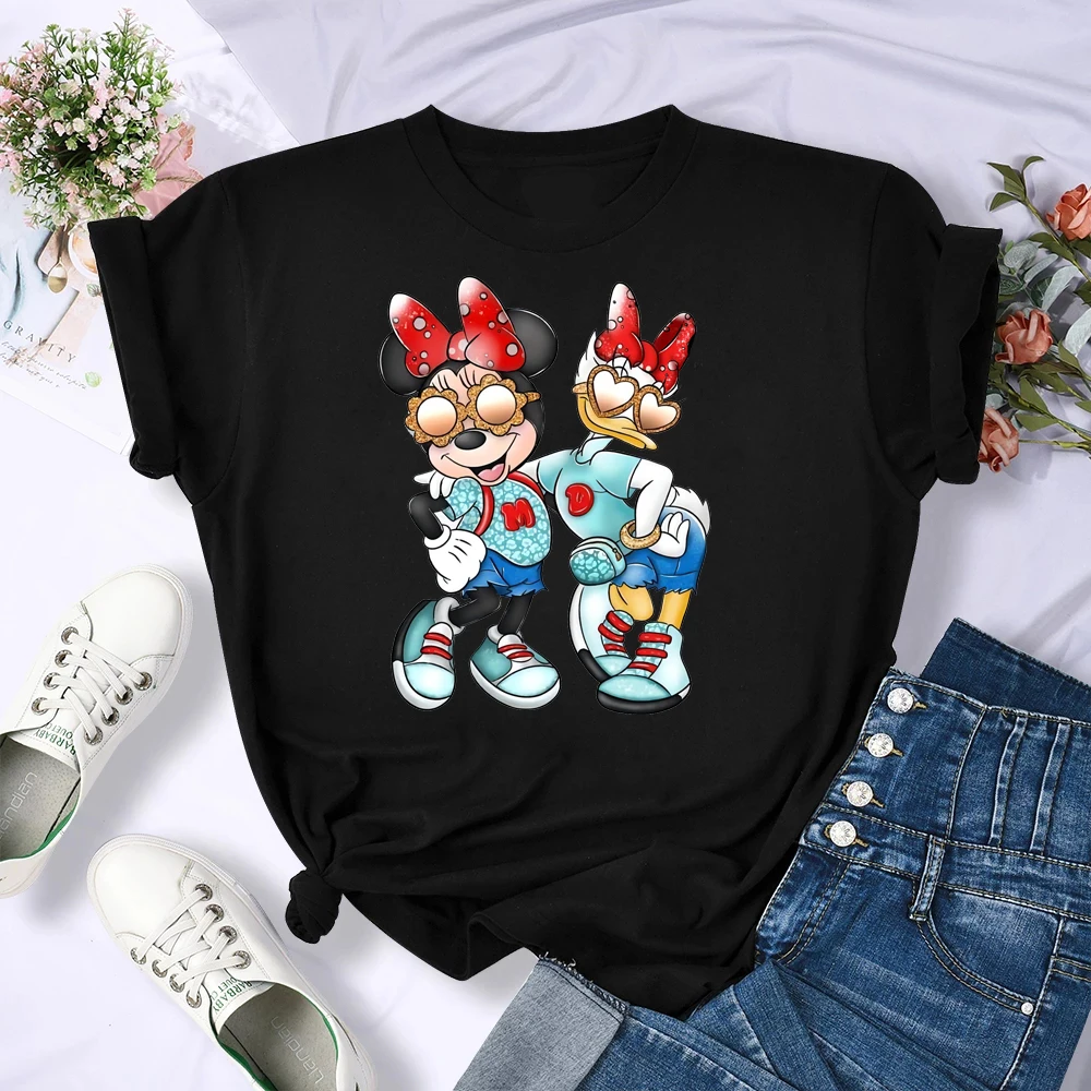 Disney 2025 New Popular Kawaidi Disney Print T-shirt Cartoon Loose Plus Size Women's Fun Top Fashion Women's Wear