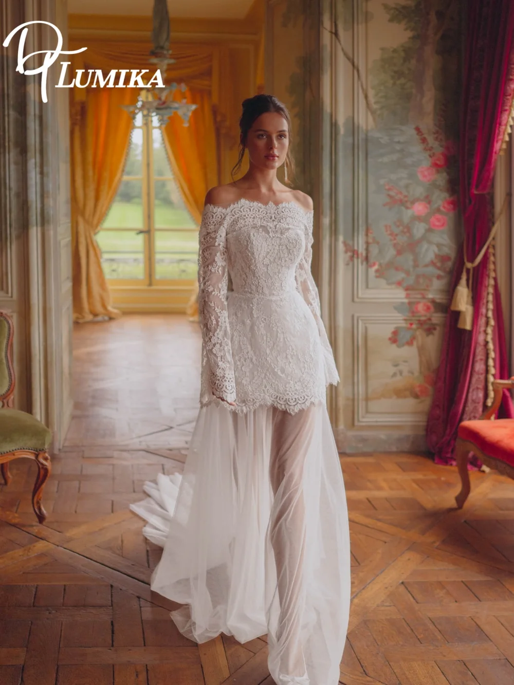 

Graceful Off-Shoulder Bell-Sleeve Wedding Dress Romantic Bridal Gown Fashion See-Through Floor-Length Bridal Dress Robe De Marié
