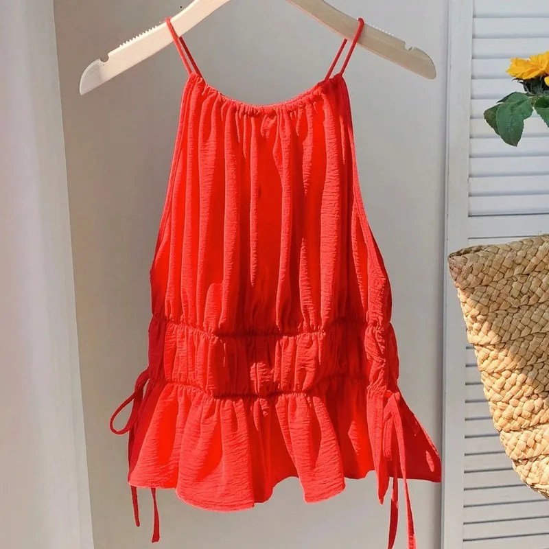 

French V Neck Spaghetti Straps Camisole Sweety Tie Up Ruffles Pleated Tank Tops Sleeveless Backless Women Summer Sexy Shirt Tee
