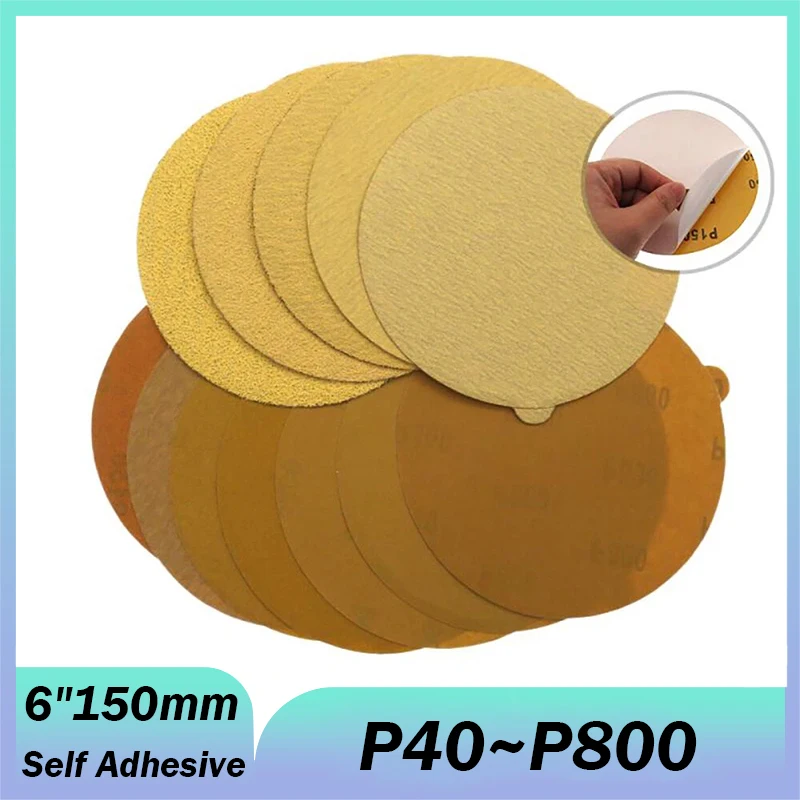 

2 ~ 100 шт., 6 дюймов, 150 мм, самоклеящиеся желтые шлифовальные диски, зернистость 40-800, липкая задняя часть, подушечки для наждачной бумаги для деревообработки или автомобилей