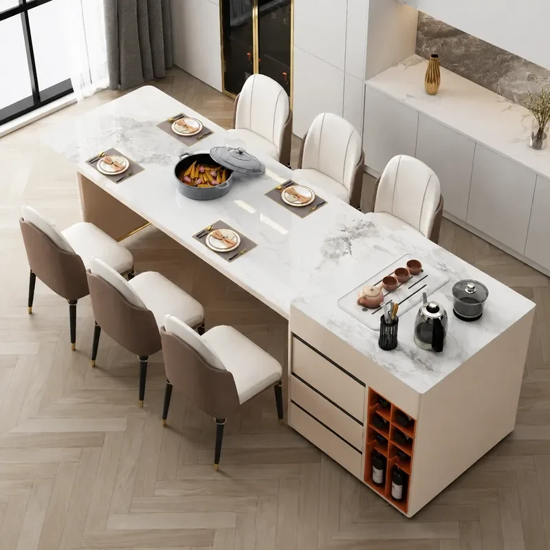 Retractable Island Table with Microwave and Induction Cooker Rock Slab Surface Compact Tea Table for Small Apartments