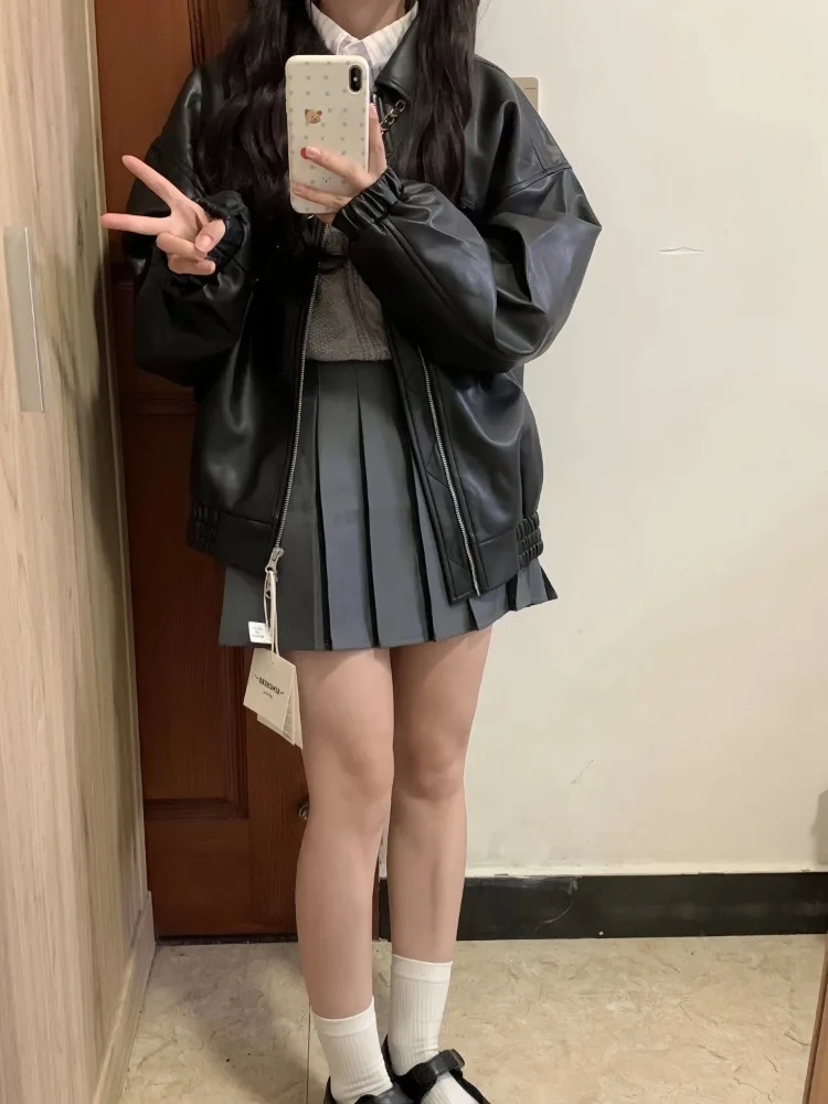 Black Vintage PU Leather Jacket Women High Street Fashion Zipper Leather Jacket Female 2025 Summer Streetwear Loose Casual Coat