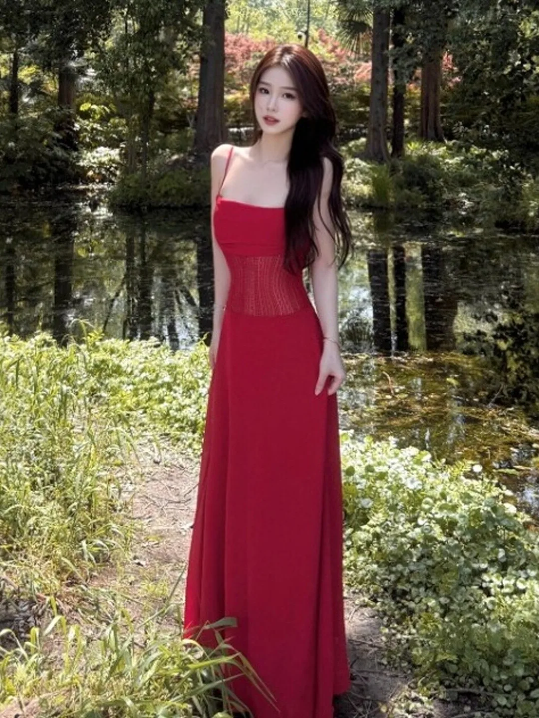 

Retro Elegant Sexy Waist-Cinched Slimming Long Strap Dress Vacation Style Beautiful Summer Dress Cotton Blend No-Sleeve V-Neck