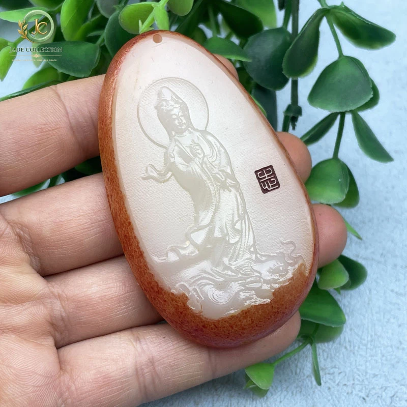 Afghan Jade Guanyin Raw Stone Carving with Skin Color, Standing Dragon Guanyin, Unisex Jade Pendant, Sweater Chain Ornament, Bus