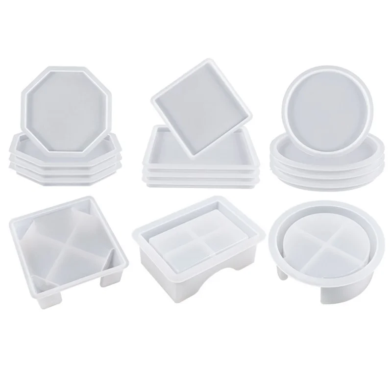 15 Pcs Coaster Resin Molds Silicone, Coaster Molds with Round Square Octagon Shape Holder Molds, Coaster Silicone Molds