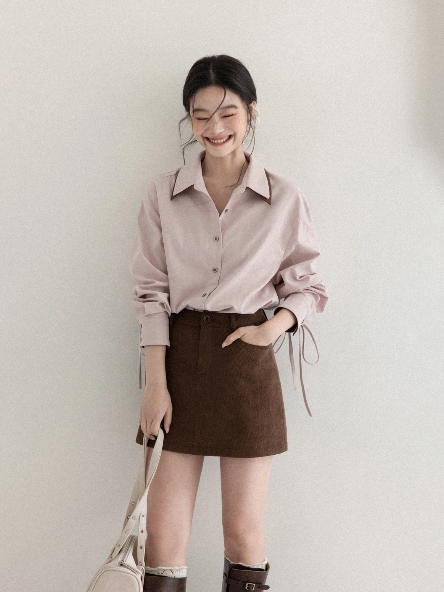 슬리밍 하이웨이스트 A라인 미니스커트 여성용 겨울 신상 인조가죽 따뜻한 캐주얼 스커트 폴리에스터 원단 지퍼 여밈