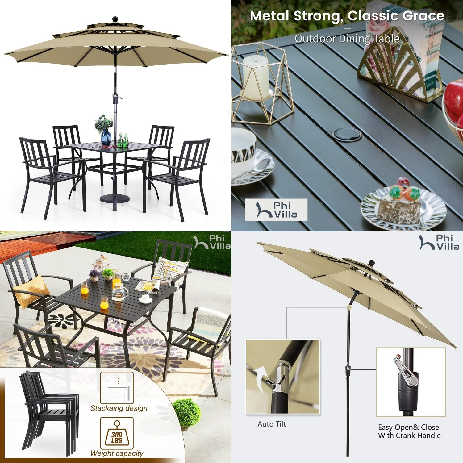 

5pc Metal Patio Dining Set Square Table Stack Chair 10ft 3Tier Umbrella Outdoor Customized