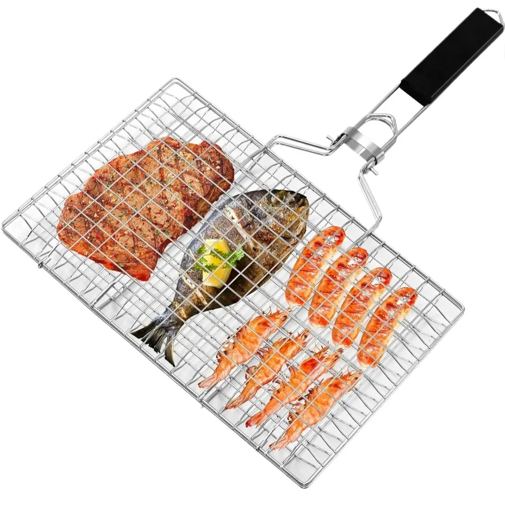 Portable Grilling Basket Folding Stainless Steel Fish Grill BBQ Rack With Removable Handle for Home Outdoor Camping Cooking Tool