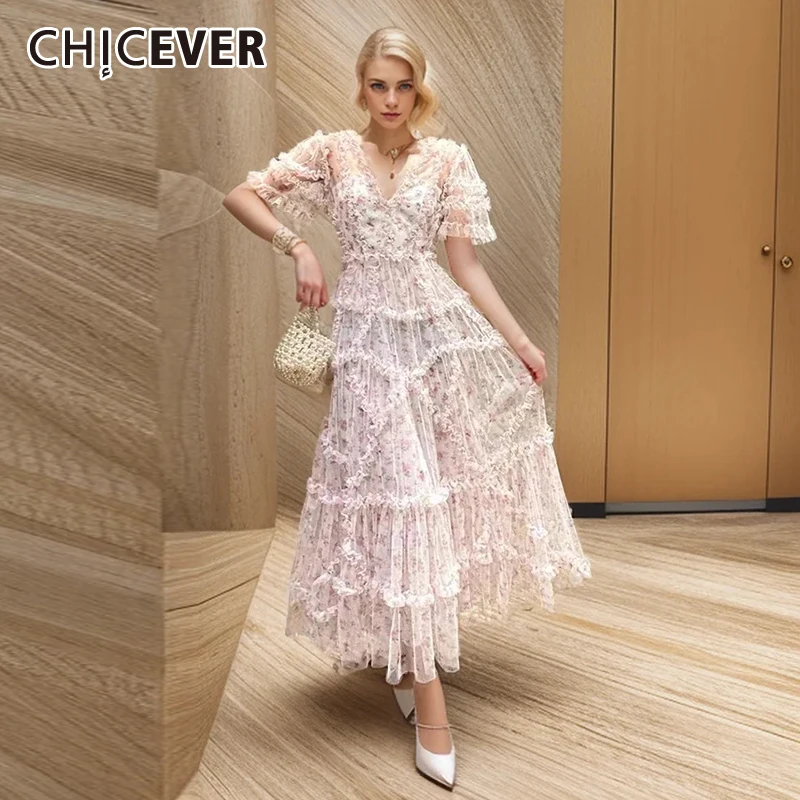 

CHICEVER Spliced Mesh Dresses For Women V Neck Short Sleeve High Waist Colorblock Printing Elegant Summer Midi Dress Female New