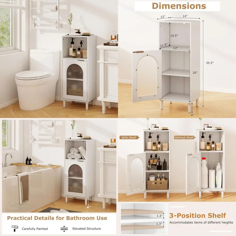 

Белый деревянный напольный шкаф для ванной комнаты с дверцей из закаленного стекла, регулируемой полкой, комплектом для предотвращения опрокидывания и ножками из массива дерева (14 x 12 x