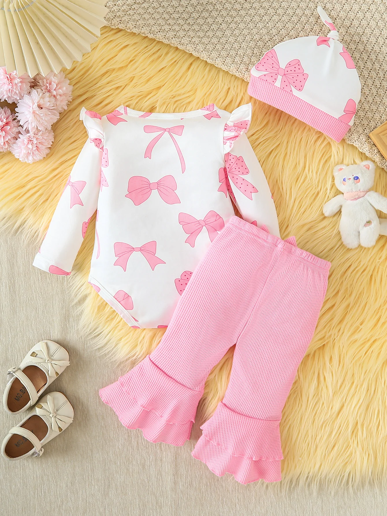 3Pcs Baby Girl Fall Winter Outfit, Christmas Birthday Gift Bow Print Bodysuit Waffle Flared Pants Hat Set 0‑24M