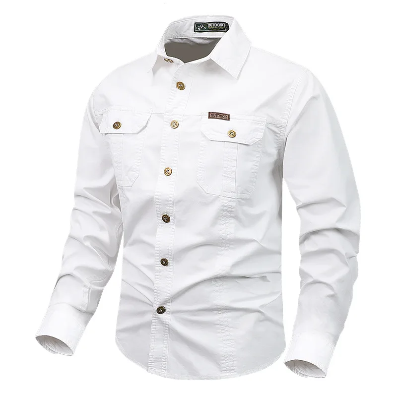 Retro Cargo style Men\'s Long Sleeve Shirt With Pocket Design, Men\'sCasual Button Up Shirt For Spring Fall Qutdoo