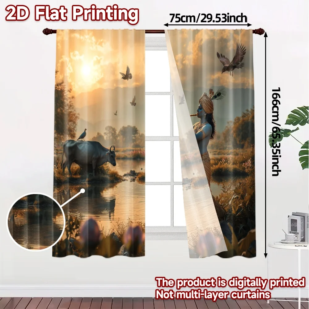 2pcs, 2D FLAT PRINTING Curtains (Without Rod) River Harmony Popular Creative Curtains 100% Polyester Curtains All Seasons for