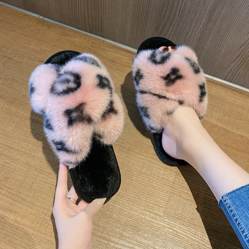 Fashion Leopard Print Sports Fluffy Slippers for Women Autumn Winter Warm Home Indoor Flat Floor Cotton Slippers