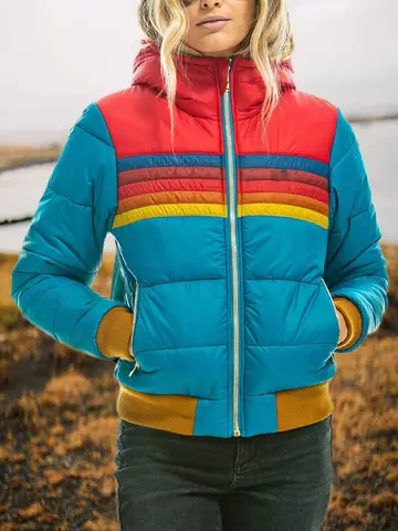 울 칼라 레인보우 프린트 면 재킷 코트 여성용