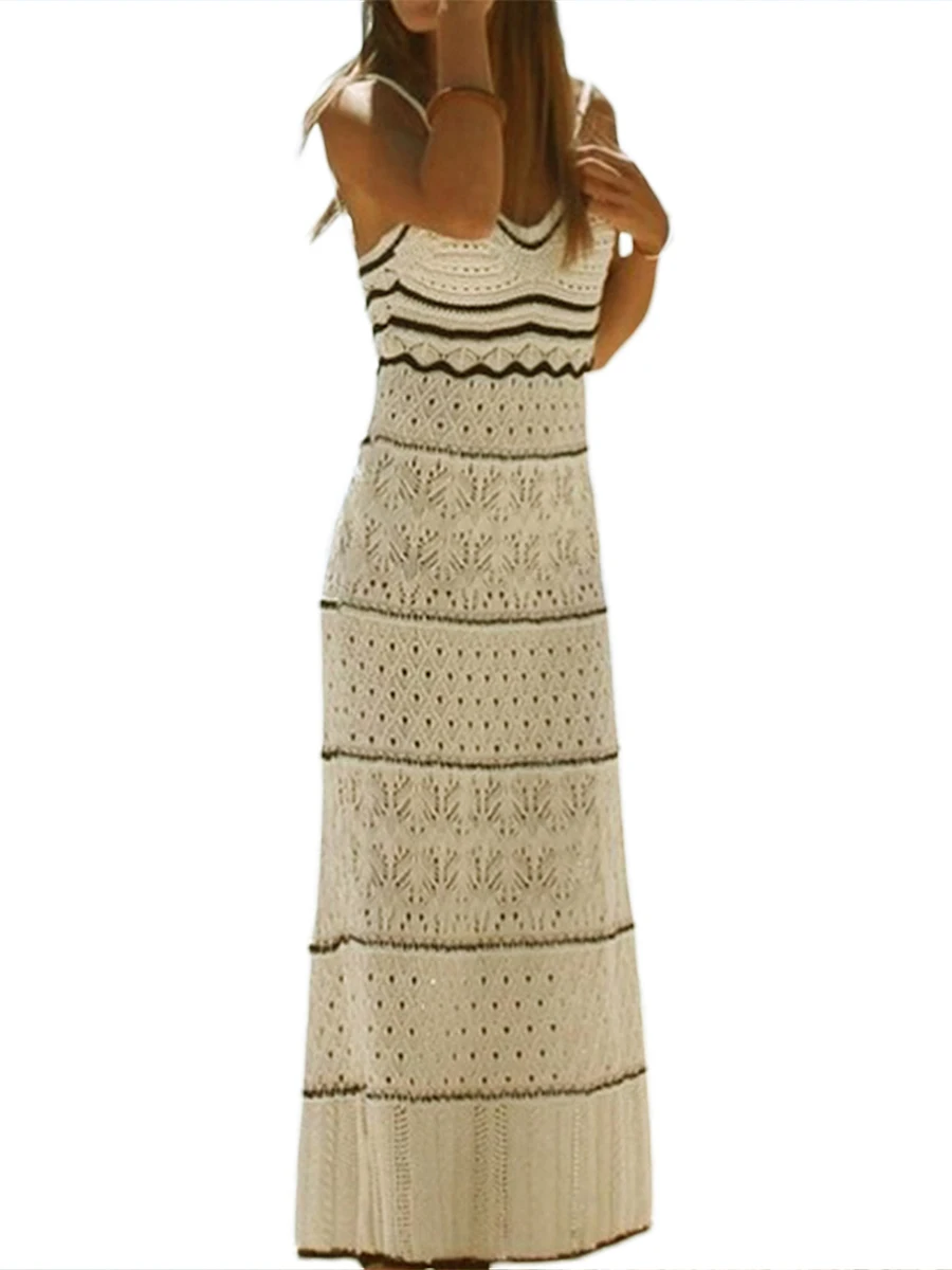 

Женское трикотажное платье в полоску PMIYS, длинное платье средней длины с V-образным вырезом, без рукавов, на бретелях-спагетти, летнее платье с вырезами