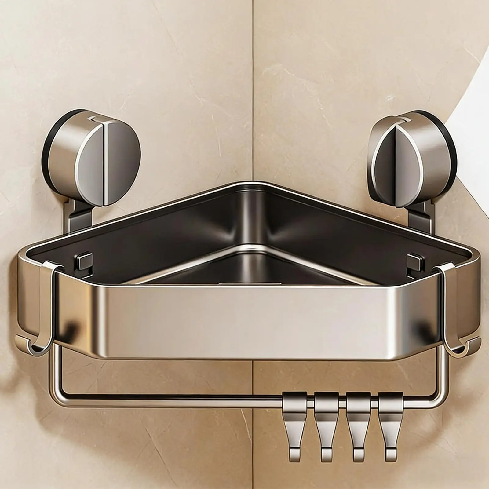 Space-Saving Suction Cup Bathroom Shelf No Drilling Required Strong Triangular Rack with Hooks Suitable for Shower And Toilet