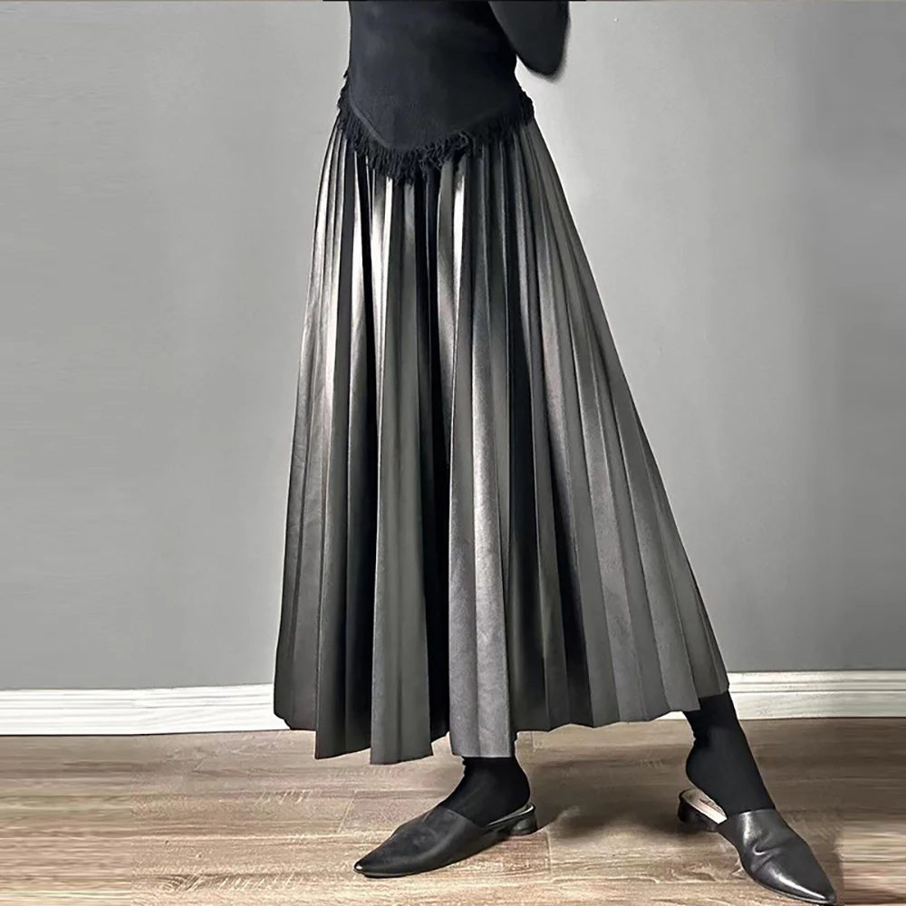 Women's Elegant Pleated Faux Leather School Skirt Korean Fashion Elastic High Waist Black PU Midi Long Skirts 2024 Winter K205