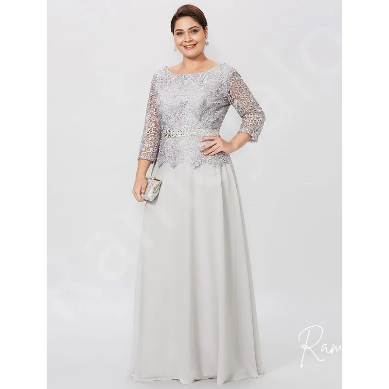 Customized Silver Grey Long Sleeve Floor-Length Dress with Lace Bodice Waistband Plus Size Mother of the Bride or Groom Dresses