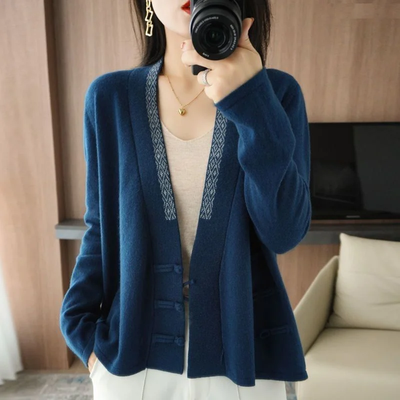 Y2K Spring Autumn Sweater 2024 New Chinoiserie V-Neck Loose Women's Clothes Knitwear Solid Colour Fashion Coil Buckle Top Female